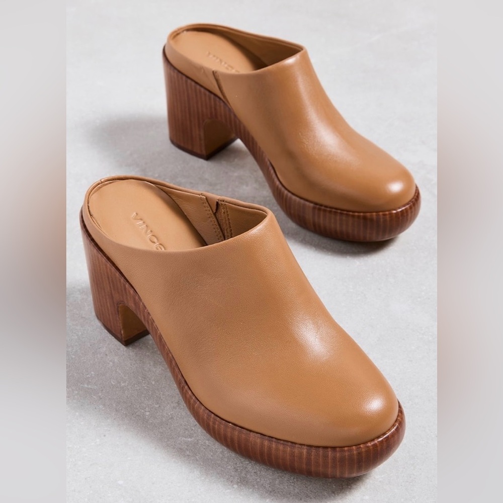 Vince Navina Leather Platform Clogs Tan Brown Block Heel Mule Minimalist — 9.5 - Picture 2 of 16